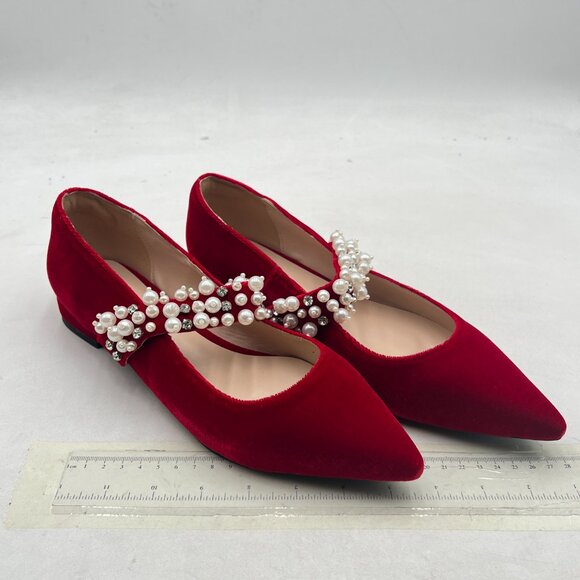 XYD Red Pointed Toe Velvet Flats Pearl Strap Beaded Mary Jane Stylish Retro Shoe - Picture 4 of 8